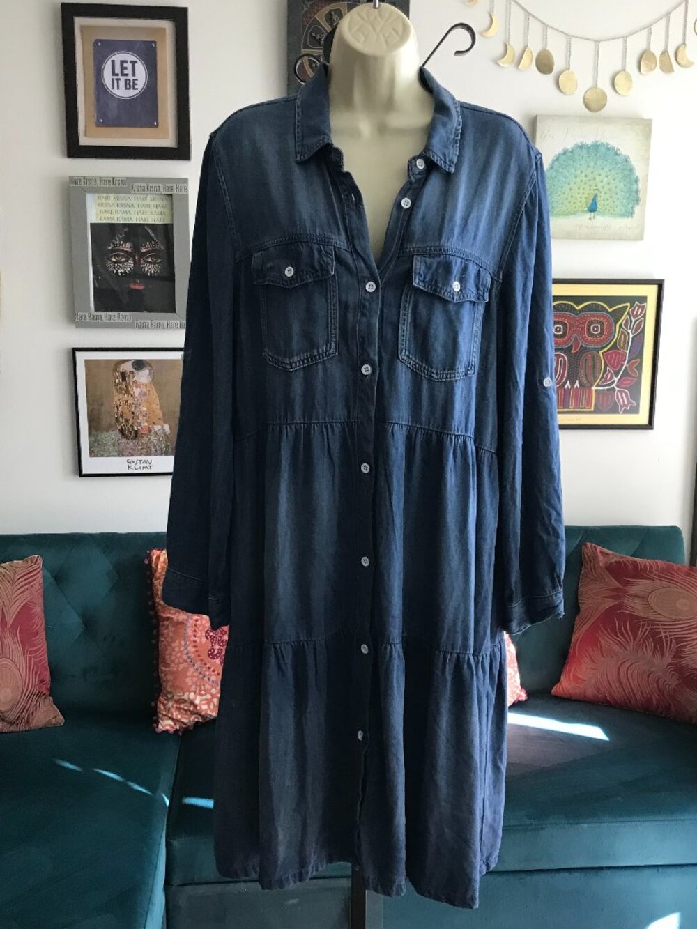 VELVET HEART size L Blue Tiered Tencel Denim Roll Tab Sleeve Shirt Dress